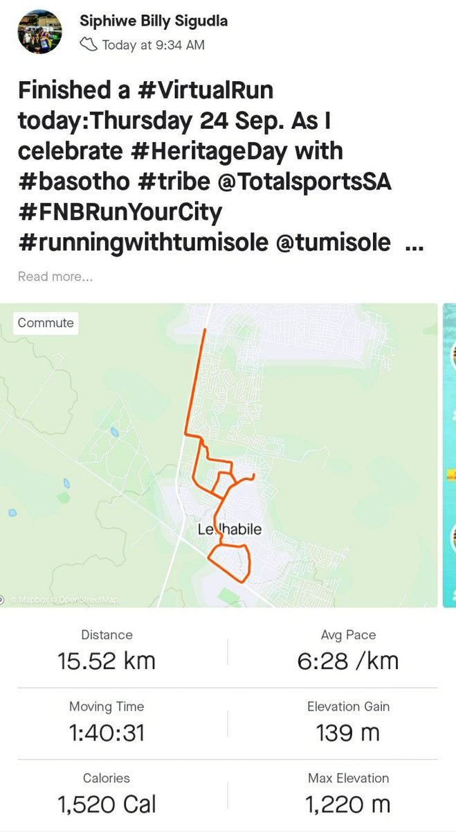 billysigudla1's tweet photo. Finished a #VirtualRun today:Thursday 24 Sep. As I celebrate #HeritageDay with #basotho #tribe @TotalsportsSA #FNBRunYourCity #runningwithtumisole @tumisole  #runningwithlulubel @lungilehlela @precidentct #precidentct #FNBRunYourCity
#FNBRunYourCity @ctown12 
@FNBsa @Rbjacobs https://t.co/re7WOK4lU6