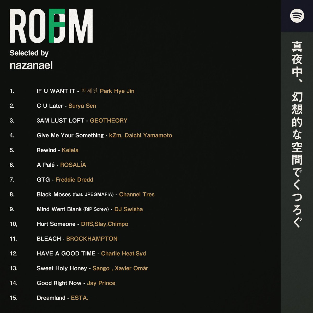 🎙ROOM FM🎙
selected by nazanael <a href="/nazanaelsan/">naza</a> 

”真夜中、幻想的な空間でくつろぐ"をテーマにした浮遊感・幻想感・郷愁感を感じさせるようなジャンルレスな選曲🎉

ROOM随一の音楽狂nazanael
ならではの聞きごたえです！

🎧▶️spoti.fi/33OkouM

📜▶️ bit.ly/3czgcTW

#roomfm