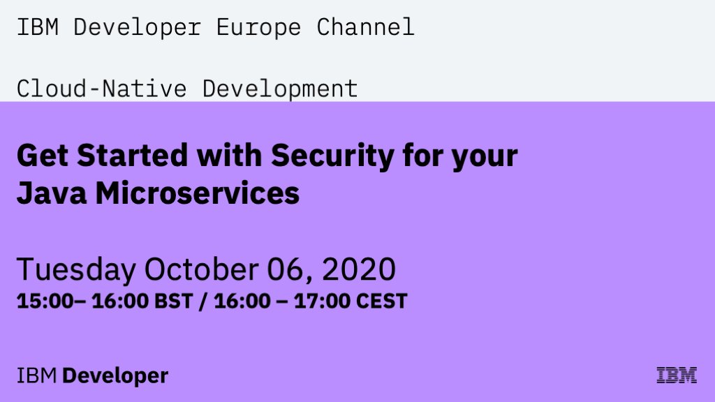 🔒 Get Started with #Security for your #Java #Microservices

👥 Who: <a href="/Harald_U/">Harald Ueland</a> &amp; <a href="/tsuedbroecker/">Thomas Südbröcker</a> 
📅 When: October 6th
🎙️ Where: <a href="/CrowdcastHQ/">crowdcast</a> 

🔗 Link: join our <a href="/Meetup/">Meetup</a> community: meetup.com/IBM-Developers… #developer
