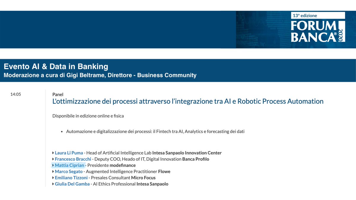 Oggi è il giorno di <a href="/forumbanca/">ForumBanca</a>: ci siamo!

Dalle 14.15 la tavola rotonda, assieme ad alcuni protagonisti tradizionali del mondo bancario, tanta innovazione, #Fintech e tecnologia, per scoprire assieme come si stanno evolvendo le #banche e cosa ci aspetta nell'#automation.