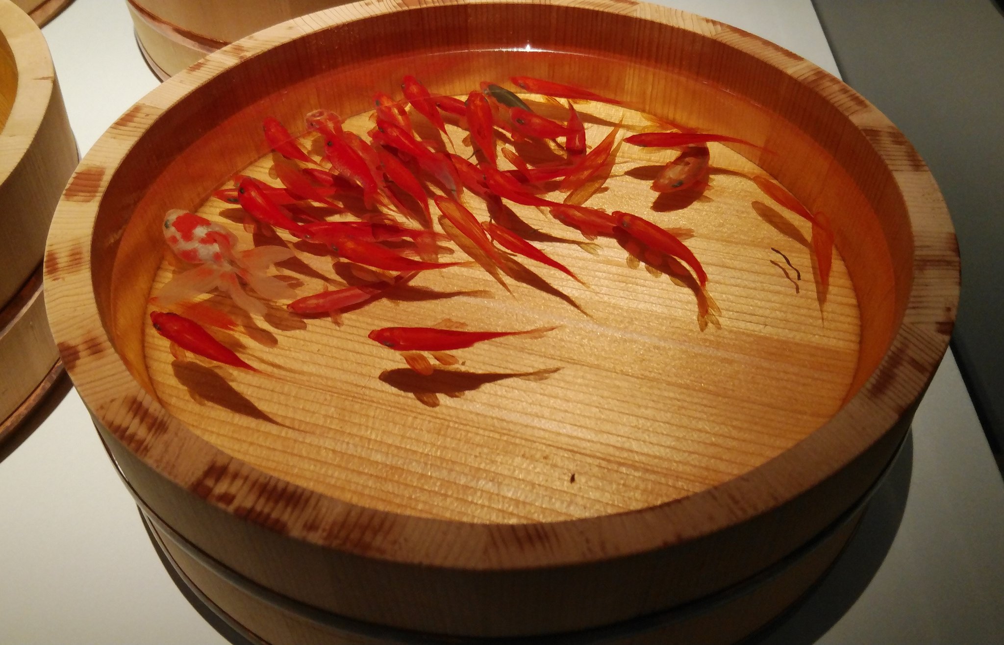 松崎貴之 金魚絵師 深堀隆介 百舟 ももふね 四つの桶 桜升 命名 淡紅 ただただ一つ欲しい 金魚 の下に照明が落とした影が出来ることでいっそう 泳ぎ回る金魚たちを瞬間的に時間を止めて切り取ったようにしか見えない T Co
