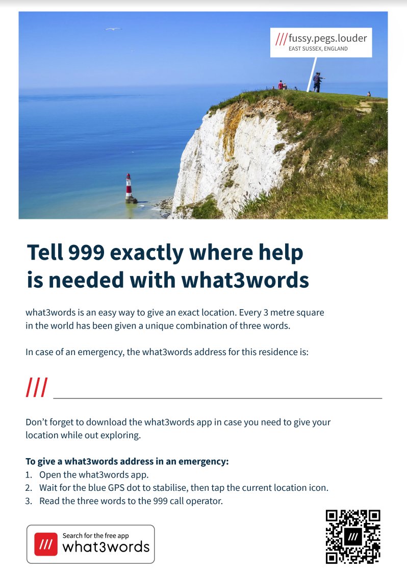 An A4 flyer with an image, a headline "Tell 999 exactly where help is needed with what3words", an empty space for hosts to add their what3words address, and instructions on downloading the app