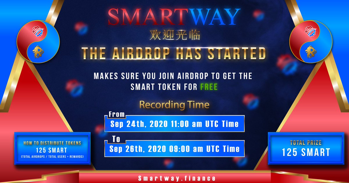 The airdrop has started

Makes sure you join Airdrop to get the SMART token for free

Recording Time From Sep 24th, 2020 11:00 am UTC Time to Sep 26th, 2020 09:00 am UTC Time

Download Tronlink.org Tutorial
tron7010.zendesk.com/hc/en-us/artic…

#smartway