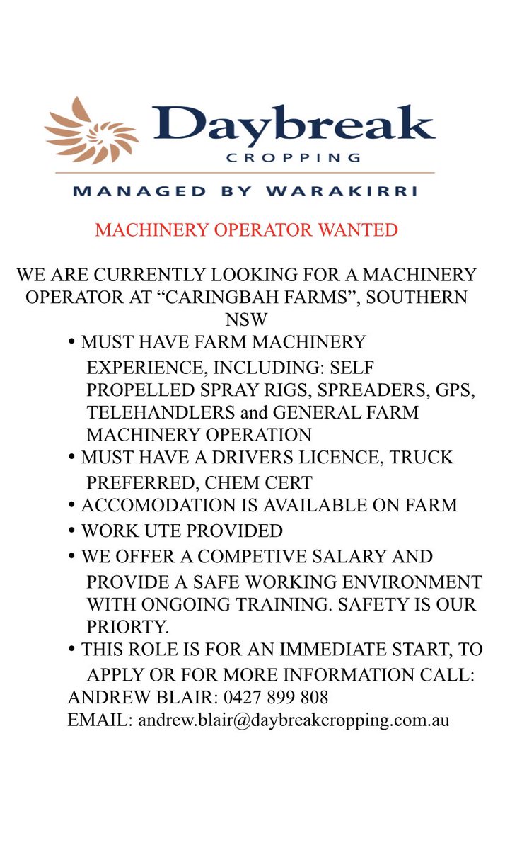 We are currently looking for a machinery operator to join our team, this is a full time position and an immediate start, for more information please email or call