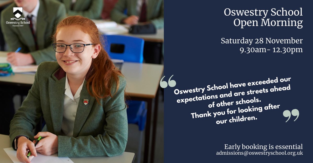 OswestrySchool's tweet photo. Due to popular demand we have released a second date for our Open Morning, Saturday 28 November.

https://t.co/LJeaFKc5bi

#thisisoswestry #oswestry #opendays #learningforlife #613years https://t.co/0Moo5vMJRS