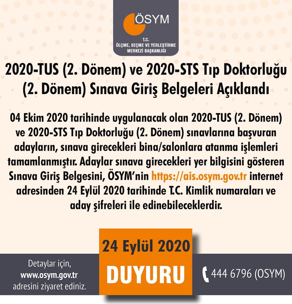 2020-TUS (2. Dönem) ve 2020-STS Tıp Doktorluğu (2. Dönem) Sınava Giriş Belgeleri Açıklandı

osym.gov.tr/TR,20532/2020-…