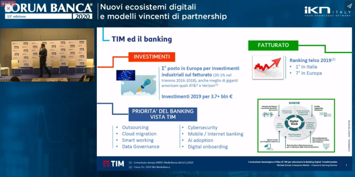 “#TIM ha investito nel 2019 3.7 bln di € nel mercato delle telecomunicazioni. Siamo la prima Telco italiana e la settima in Europa. Nel mondo del #banking assistiamo a una corsa all’outsourcing e a un inizio di migrazione al #Cloud” #MicheleDonati a #ForumBanca