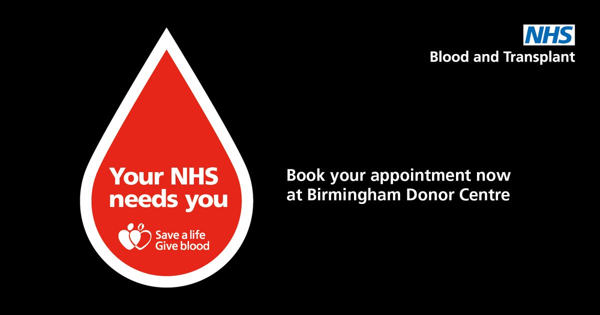 The need for blood never stops. Please book your appointment to give blood in #Birmingham at:

Birmingham Blood Donor Centre, 65 New Street, Birmingham, B2 4DU

For information visit: blood.co.uk or call 0300 1232323