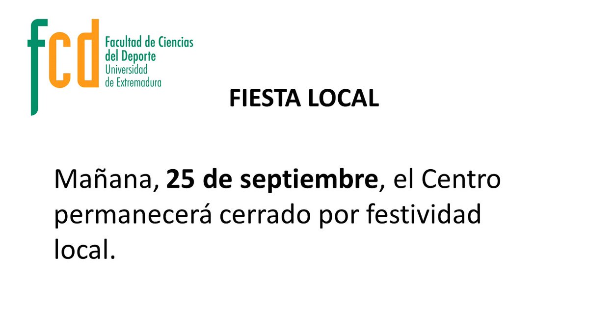 Mañana, 25 de septiembre, el centro permanecerá cerrado por festividad local. ‼️Nos vemos el lunes ‼️