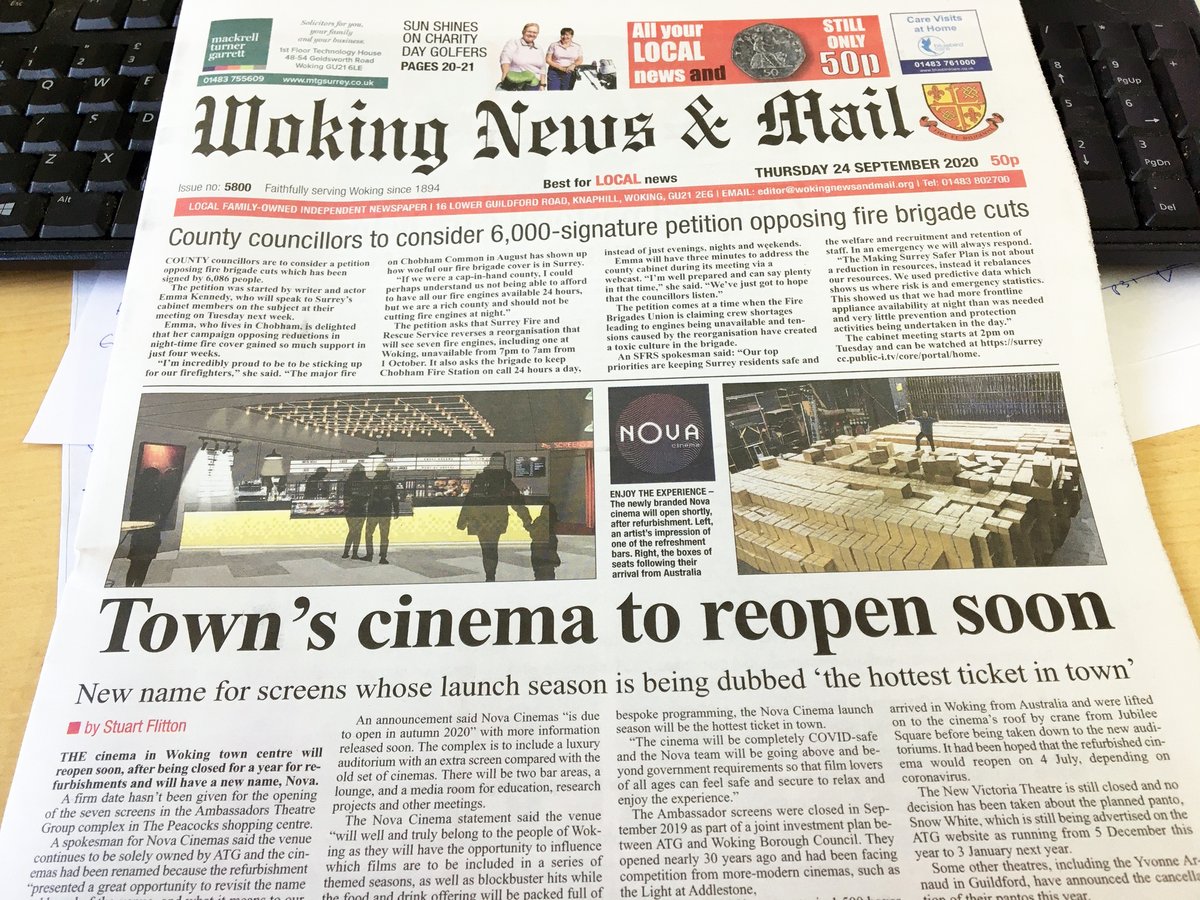Woking_NewsMail's tweet photo. Read all about it: #Woking cinema set to reopen as @NovaWoking; West Byfleet golf club's charity day raises thousands of pounds; @Sheerwaterfc victory in #FAVase; plus much more. Now in the shops and your best value local news #Only50p #community #buyapaper https://t.co/6RulQY20N2