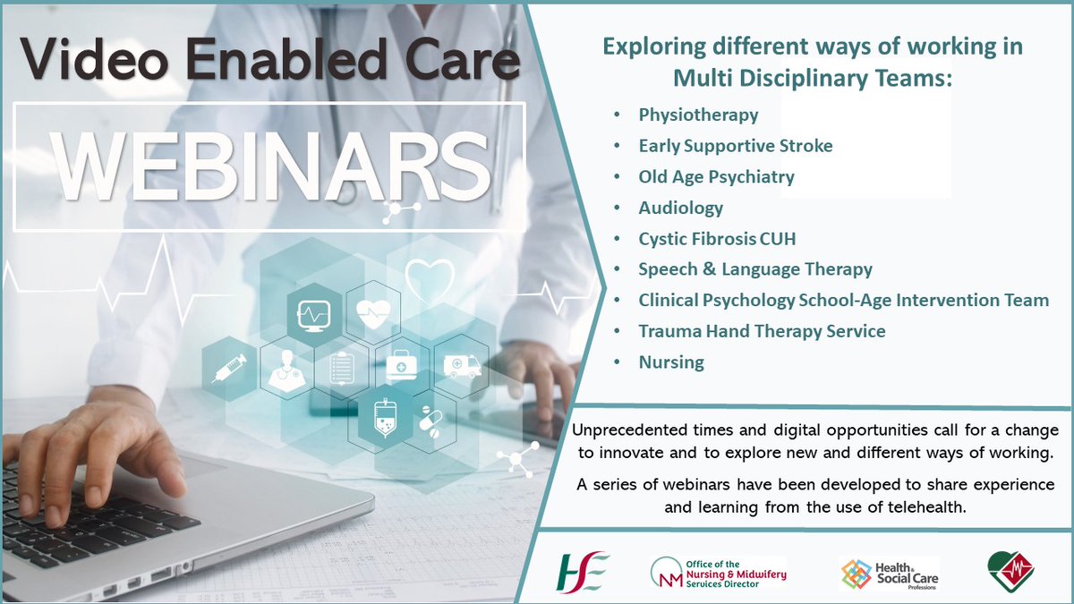 HSETandT's tweet image. The National Virtual Health Team are hosting a series of webinars on Video Enabled Care in various specialties. These webinars have been developed to share experiences and learning from the use of telehealth.
More info: bit.ly/2Hu6Ux1
#COVID19 #virtualhealth #ehealth4all