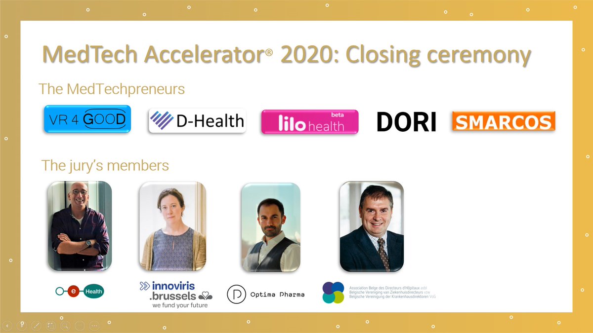 BruLifeTech's tweet photo. And the #Medtech Accelerator®2020 Prize is awarded to... SMARCOS! Exceptionnaly, this edition awarded also an honor prize to DORI! Congratulations to all the participants for their enthousiasm &amp; perseverance! Thank you all for being resilient throughout this exceptional edition https://t.co/i0Ac8VIz0k