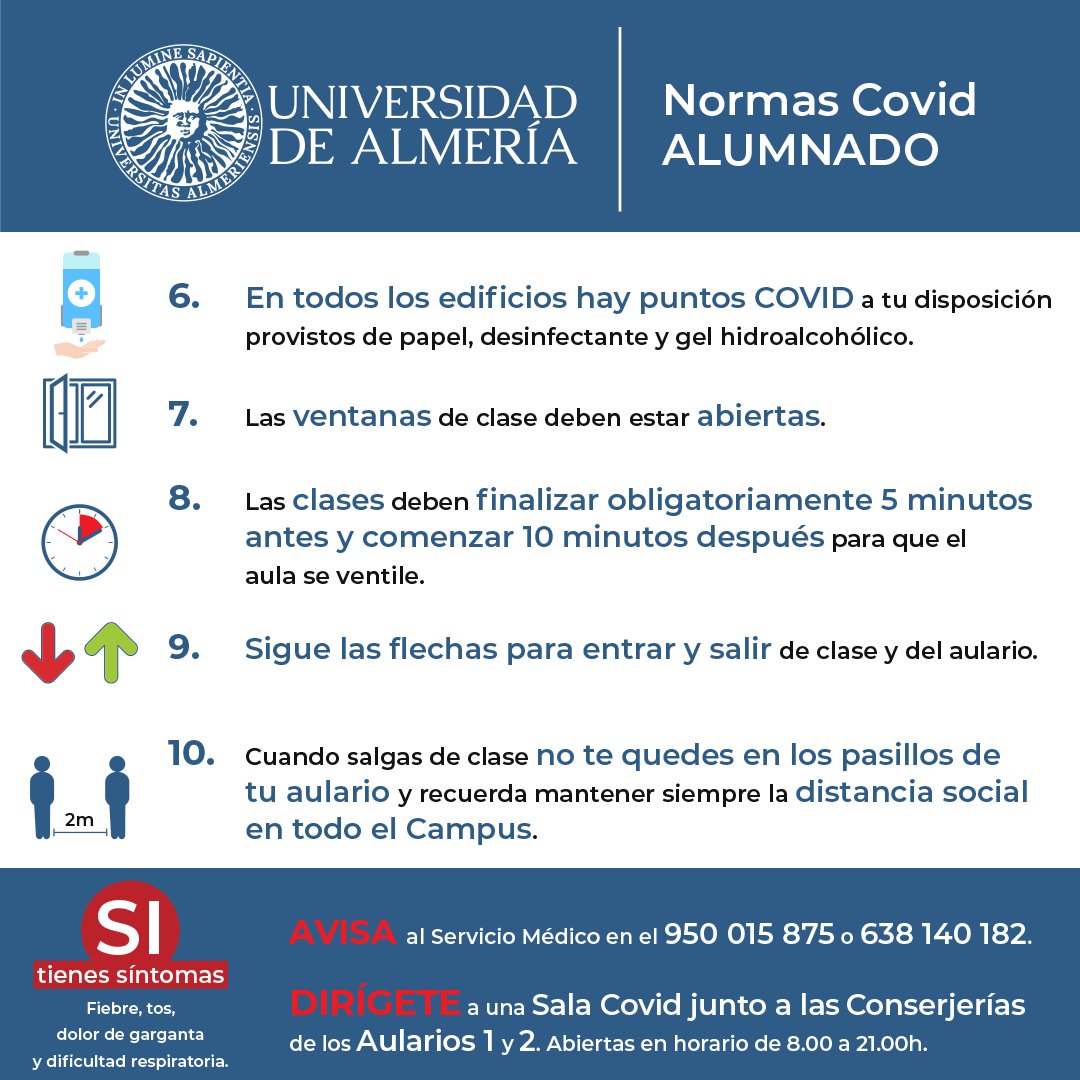 😷📝 ¿Qué medidas debo seguir durante mi estancia en el campus de la UAL? Consúltalas y respétalas por TU BIEN y por el de TODOS 👇 

🗣️ Porque tu SEGURIDAD y SALUD nos importa.

ℹ️ Más información en 👉🏻 cutt.ly/jfVY0dz

#UALCOVID19 #covid19 #soyUAL