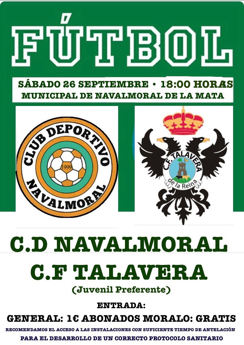 Buenos días, el partido de este Sábado en el Municipal contra él C.F Talavera se jugará finalmente a las 18:00 Horas. La entrada será de 1€ y para los socios del Moralo, GRATIS.