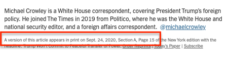 The New York Times ran its story on Trump refusing to commit to a peaceful transfer of power on page A15, Washington Post on A4. Can't tell if or where they ran stories but it isn't on the Newseum's front pages for Wall Street Journal, LA Times, USA Today, or Chicago Tribune.