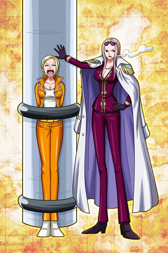 Twitter 上的 ミサンガ 黒檻のヒナ考察 3 オリオリの枷の大きさについて サウザンドストームにて 公式扉絵を元にしたイラストが登場 この際捕まっているミス バレンタインの身長 177cm から逆算すると 枷の高さは約12cm 2年前ナミの身長が169cmなので