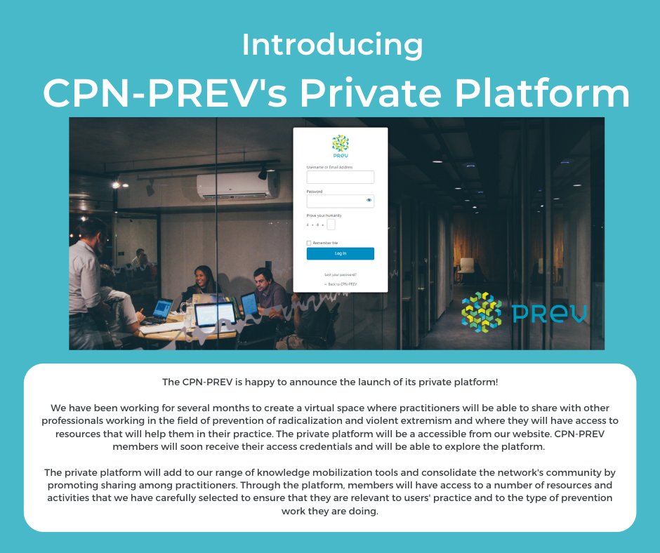 CpnPrev's tweet photo. CPN-PREV is happy to announce the launch of its private platform! In order to access this new tool, you must be a practitioner working in the field of prevention of violent radicalization and be a CPN-PREV member. You can become a member here https://t.co/toA4BDWKvR https://t.co/fS1gDzUIs2