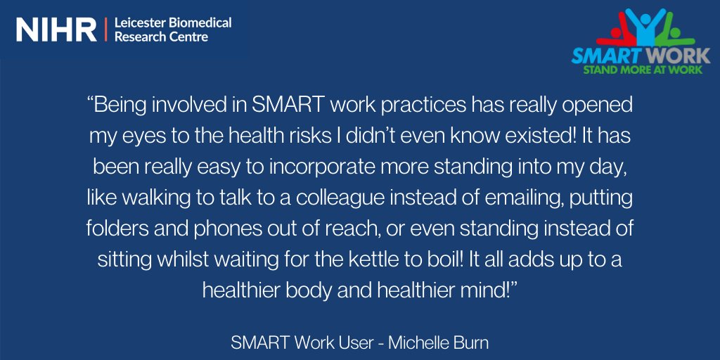 LeicesterBRC's tweet image. It's important to try to #SitLess and #MoveMore. The SMART Work programme was developed to help people do this at work, based on research on the health risks of sitting too much. Read more: leicesterbrc.nihr.ac.uk/the-science-be…

#OnYourFeetBritain #OYF2020