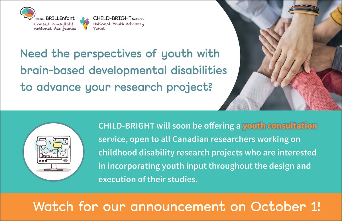 ChildBrightNet's tweet image. BIG NEWS | In exactly one week, our youth panel members will launch a new #consultation service for Canadian researchers working on #childhooddisability research projects. Check back on October 1st for the full details!