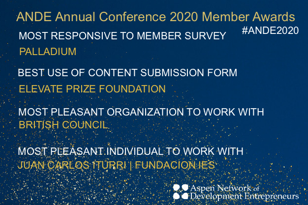 AspenANDE's tweet photo. Congrats to @ncolloff @Argidius @aolusiji
@AnitaTiessen @eToThePoint @AshburtonInvest @Enviu @ValueforWomen @IDE_Global @PalladiumImpact @ElevatePrize @SocEntGlobal @FundacionIES on your awards! #ANDE2020 https://t.co/FOwbCxrsDU