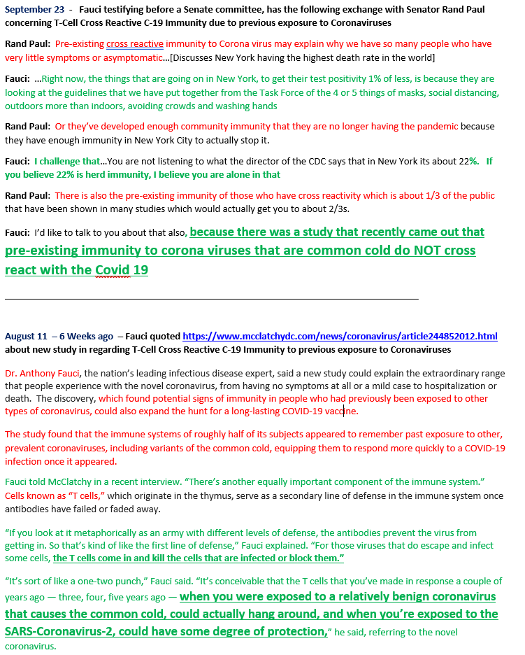 The significance of the 9/23 Fauci vs Rand Paul exchange* Fauci either lied or lost his memory yesterday* Top half is yesterday's transcript, Bottom half is Fauci's quotes in August on the same topic* Fauci's statements are in green* Immunity references are in Red1/n