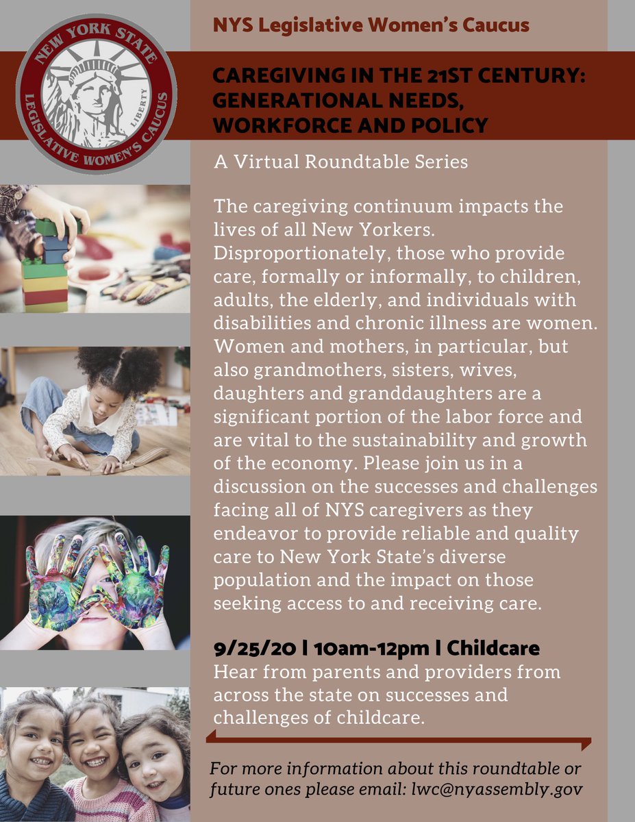 Tomorrow morning at 10 a.m. please join providers and parents in a discussion on NYS childcare. This is the first roundtable of a Virtual Roundtable Series on “Caregiving in the 21st Century Generational Needs, Workforce and Policy”. Please message or email for more information.