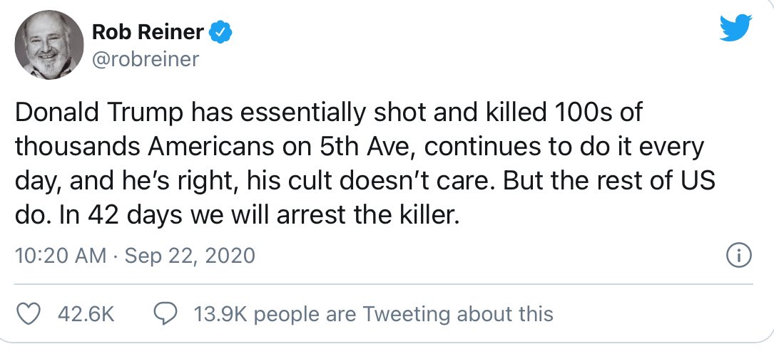 kidgolferman's tweet photo. @Twitter @TwitterSupport
Rob Reiner Accuses Trump Of Murdering Americans??
He has a Million followers-influential

His tweets are violating Twitter rules
-It's misleading about a political election
-It intends to suppress or intimidate someone from voting
https://t.co/QBprJzlqzT https://t.co/60Sy61Vcpn
