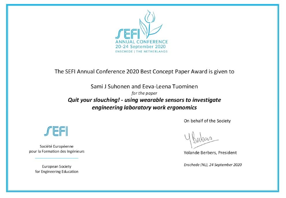 Congratulations <a href="/suhonen_sami/">Sami Suhonen</a> @TAMK_UAS The SEFI Annual Conference 2020 Best Concept Paper Award