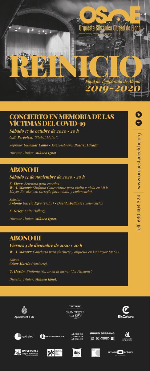 🎶 Cultura presenta los tres últimos conciertos de la temporada de la OSCE con la mitad del aforo en el Gran Teatro.

Más ➡️ elche.es/2020/09/cultur…

#cultura #música #Elche