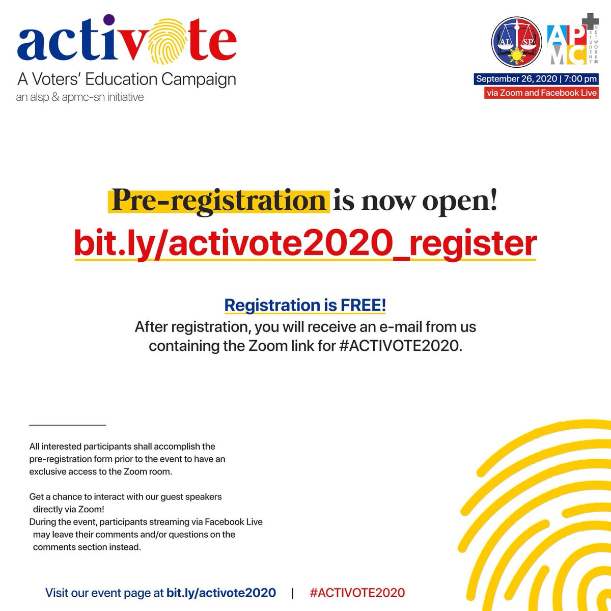 apmcsn's tweet photo. The PRE-REGISTRATION for ACTIVOTE: A Voters' Education Campaign webinar is now open!
Limited slots* only! Register for FREE now via https://t.co/1nNwXrg78e to get ahead!
Visit https://t.co/FzPVBQLm0R for more details.
#ACTIVOTE2020
#IgniteAPMCSN #ALSPCares https://t.co/vaMIUMSobb