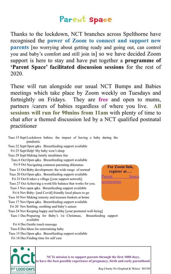 Are you a parent in Spelthorne? 

Register for FREE postnatal support sessions, thanks to <a href="/SpelthorneBC/">Spelthorne Council</a> 

The next Parent Space discussion tomorrow - Friday 25 Sept 20 at 11am.

Theme: “Help! My baby won’t sleep”’

Register here to join:
docs.google.com/forms/d/e/1FAI…