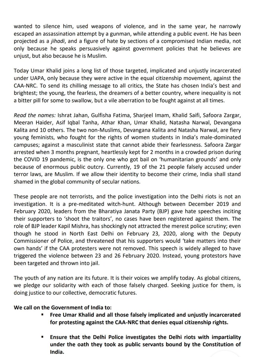 Over 200 ppl including #NoamChomsky #SalmanRushdie #MiraNair #RomilaThapar demand #UmarKhalid & others b freed. '19 of the 21 ppl falsely accused... are Muslim. If v allow their identity to become their crime, India shall stand shamed in the global community of secular nations.'