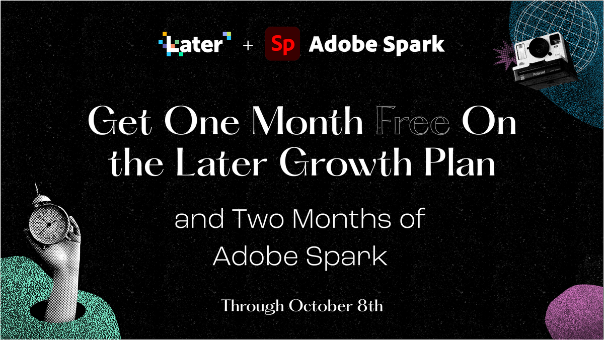 AdobeExpress's tweet photo. @latermedia + @AdobeSpark = a match made in social marketing heaven! π
Create thumbstopping posts in Spark, then post, schedule, & track them through Later.
Redeem through Oct. 8 to level up YOUR social!: https://t.co/IdEwIQ8BI5
#LaterMedia #AdobeSpark #SocialMediaMarketing https://t.co/OtSEdm5Rw4