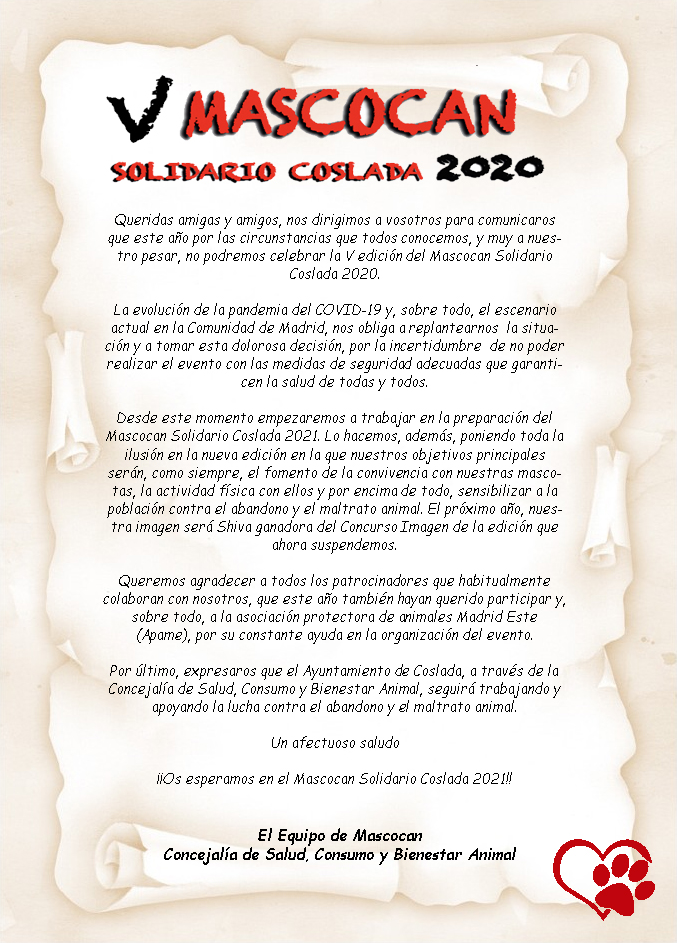 MascocanCoslada's tweet photo. ATENCIÓN!!

Comunicado Mascocan 2020 https://t.co/XL7M4ASrdx