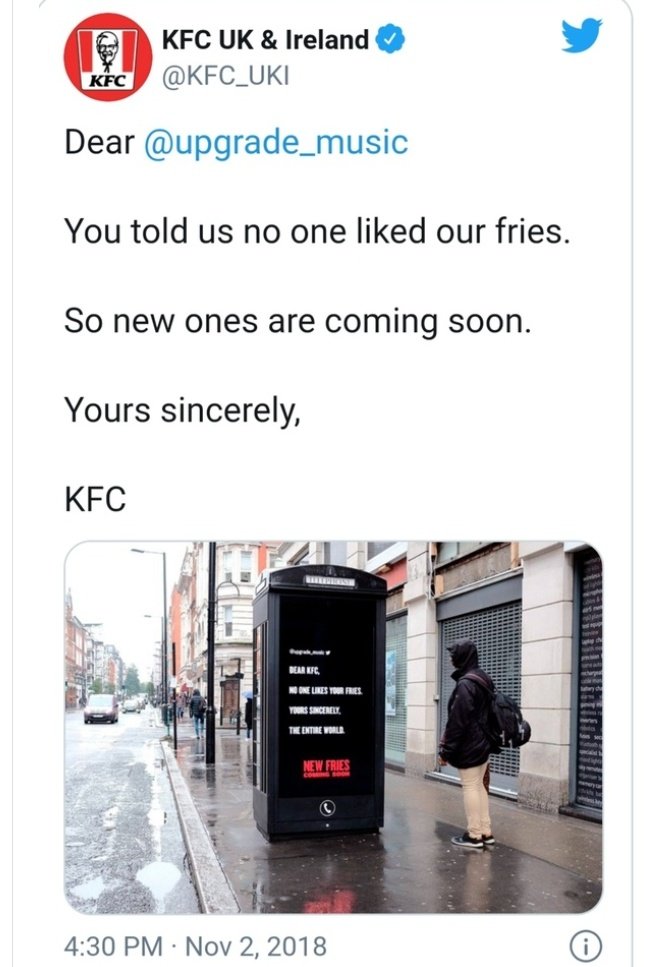 Guess how KFC responded?They promoted all three tweets on Twitter and in ads across Britain.