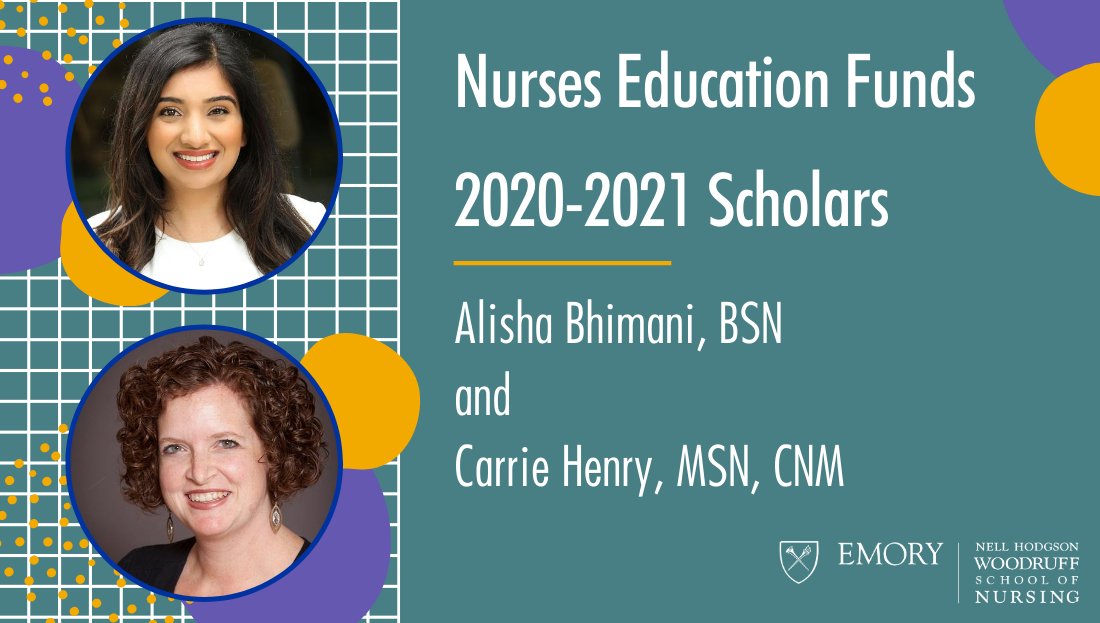 Congrats to Alisha Bhimani and Carrie Henry on being selected for the Nurses Education Funds scholar list! This accomplishment recognizes their dedication and drive to further the nursing field in their own area of study. Learn more at bit.ly/33RgEZy! #EmoryNursingProud