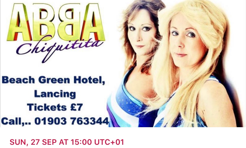 BeachGreenHotel's tweet photo. ABBA tribute still going ahead this Sunday in our massive pub garden, all tables socially distanced and full table service given 😁Call 01903 763344 to get tickets #livemusic #beergarden https://t.co/ijZewV0702