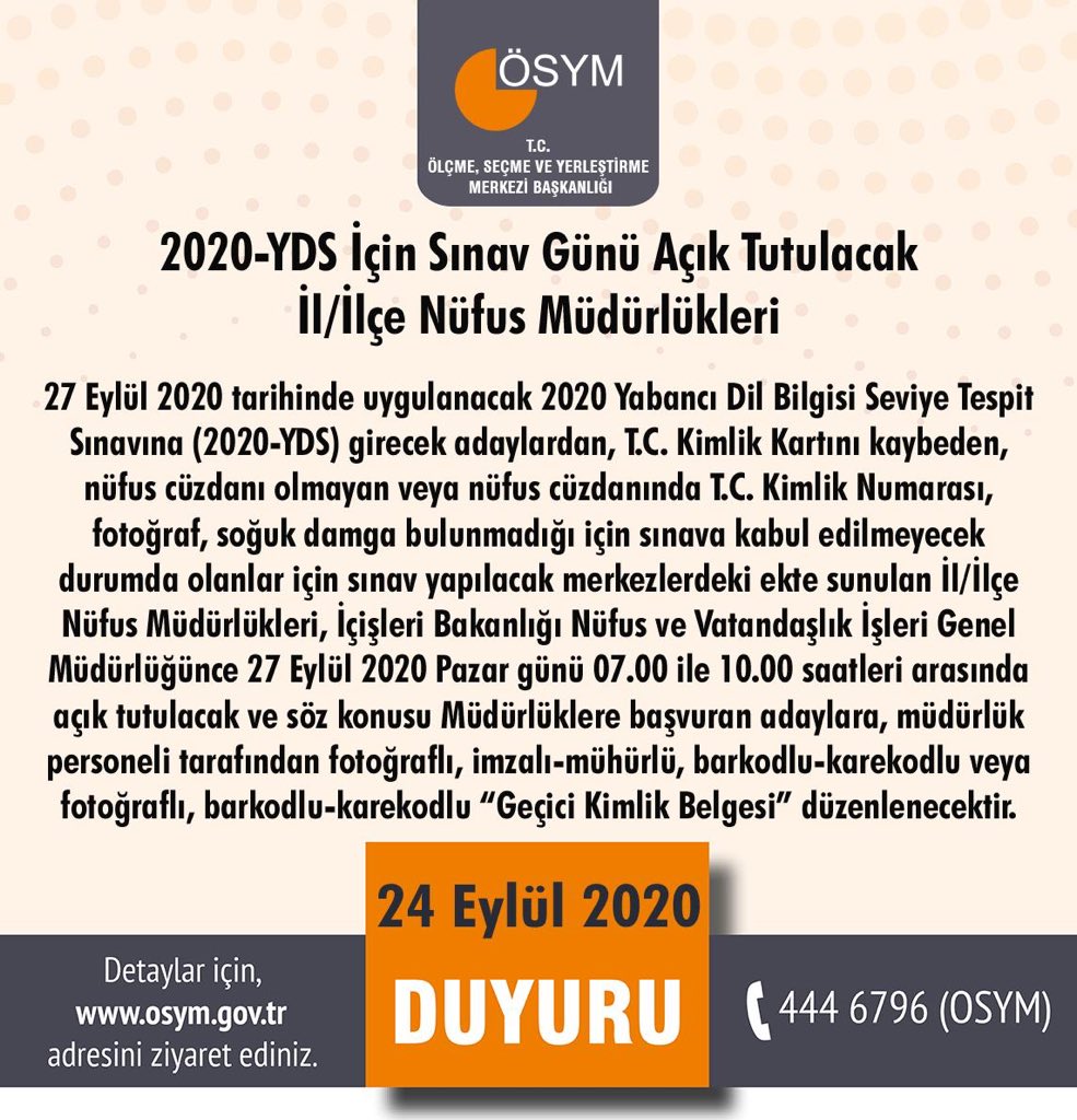 2020-YDS İçin Sınav Günü Açık Tutulacak İl/İlçe Nüfus Müdürlükleri

osym.gov.tr/TR,20533/2020-…