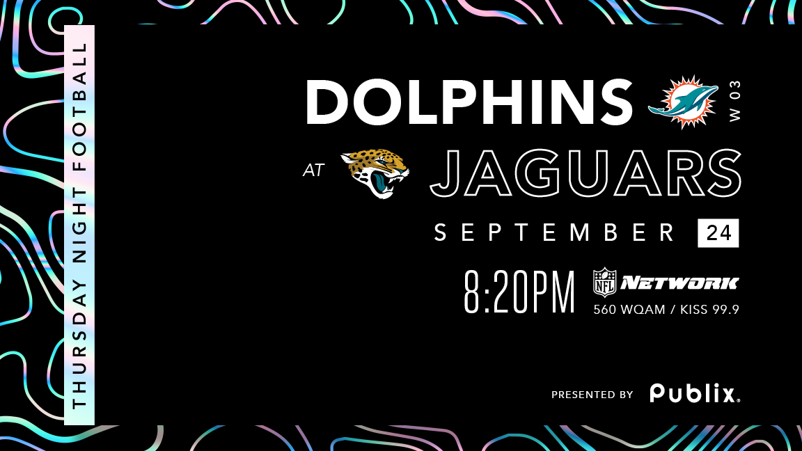 MiamiDolphins's tweet photo. ๐: #MIAvsJAX
โฐ: 8:20 pm ET
๐: TIAA Bank Field
๐บ: @nflnetwork
๐ป: @560WQAM & @kisscountry999
๐ฒ: Official Miami Dolphins
๐ป: https://t.co/Rb3EeZ7I3C
#FinsUp x @Publix https://t.co/2OsXHU1uDO