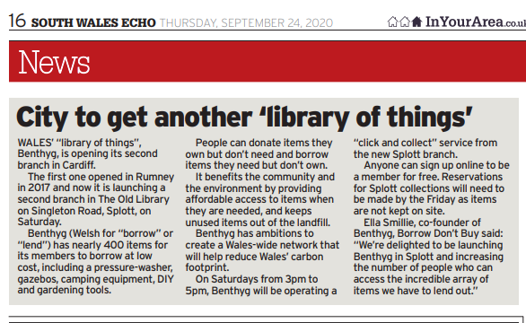 benthyg's tweet photo. We're in the news 👀👀

From this Saturday you have a choice of TWO locations in Cardiff to collect and return your items.  We have nearly 400 things to choose from in our inventory - what will you borrow?

#borrowdontbuy https://t.co/FkYLsAmVuz