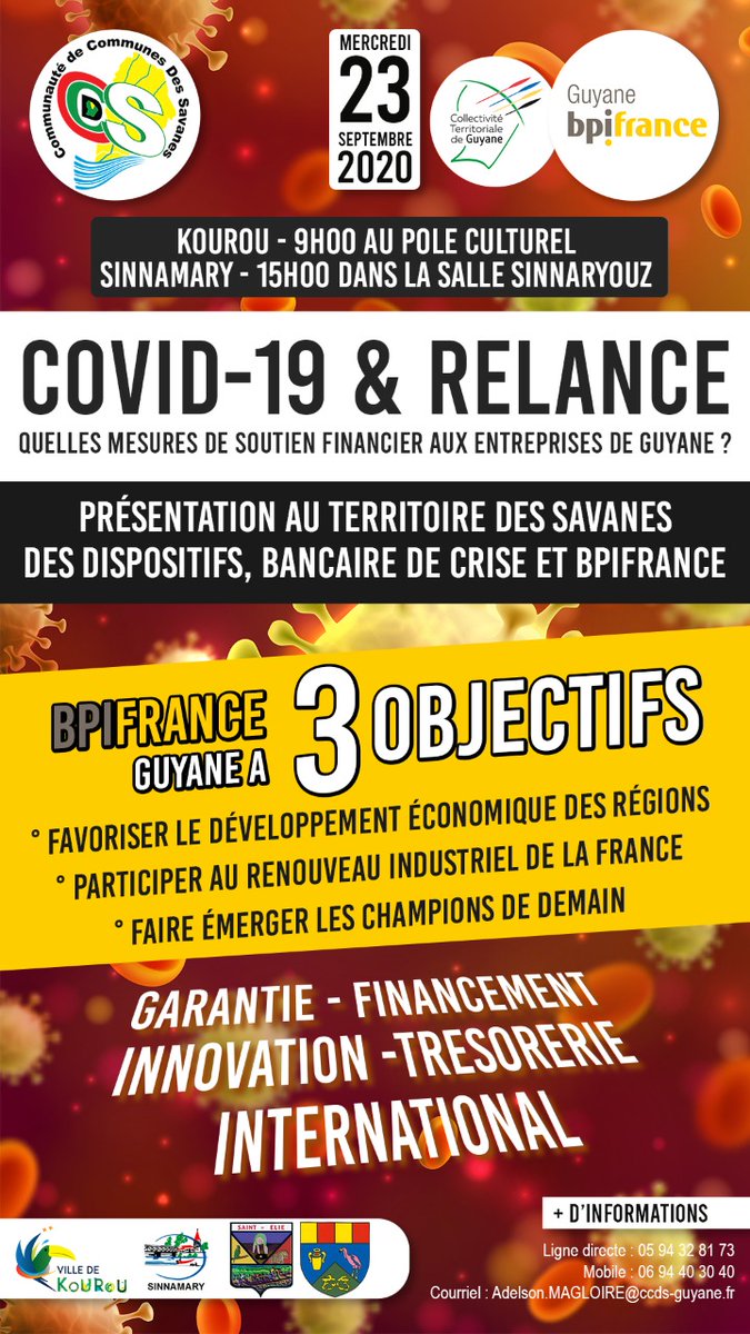 ARDI_GDI's tweet photo. Hier à @ville_de_Kourou &amp; @ville_sinnamary, @ARDI_GDI est présent avec la @CTdeGuyane, la CCDS &amp; les acteurs économiques de #Guyane afin d'expliquer les mesures de #soutien financier post-#COVID19  aux #entreprises. 
#Financement
☎️Faites-vous aider par GDI : 0594 39 24 63 https://t.co/FGhLu7vrTl