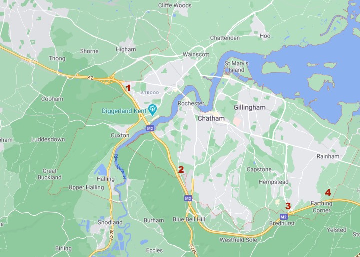 Now zoom in on the roads.The A2-M2 is - you knew it - one of the main roads to the channel ports. It goes in and out of Medway twice (border crossings numbered 1-4)