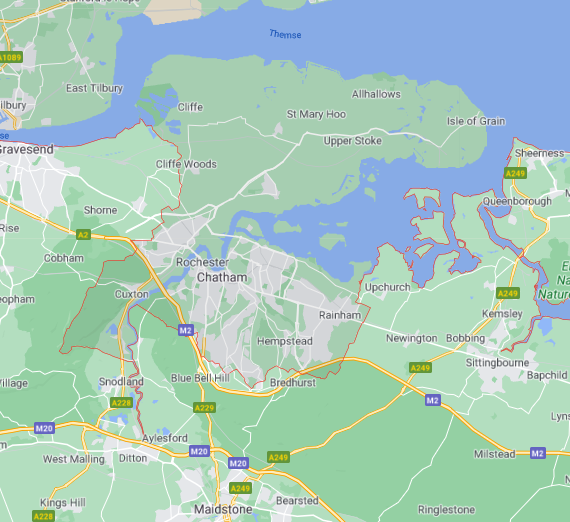 Let's zoom in on that - the red line on Google Maps represents the border between Kent (to the south) and Medway (a unitary authority, to the north).Also note that makes Medway an enclave - no land border to any other part of the UK.Look how messy that gets!