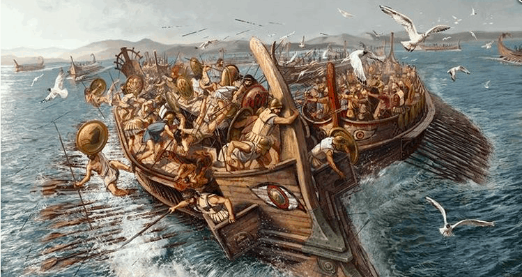 Athenian successes, mixed with the ever-narrowing seascape, slowed the Persian advance, and filled the other Greeks’ hearts with courage. They joined the fight, rowing hard and using their momentum to a distinct advantage.19/