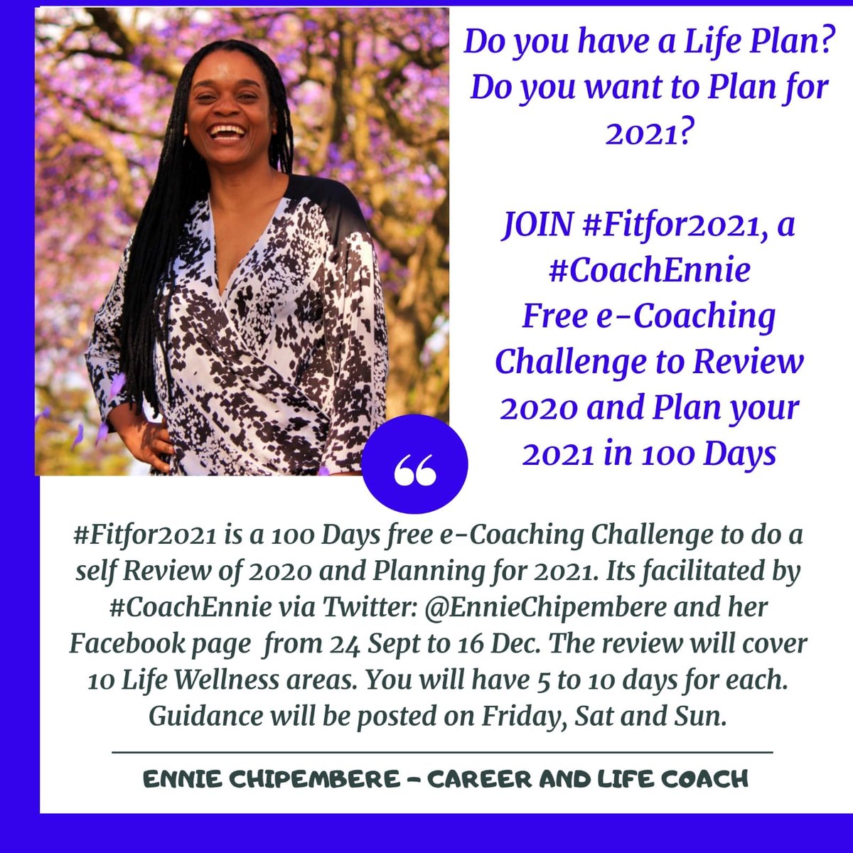 EnnieChipembere's tweet photo. Today we're 100 Days from 1st January 2021...😲...What's your game plan?

To finish 2020 Strong and set up 2021 to Win...JOIN #CoachEnnie to be #Fitfor2021.💃🏾🕺🏽

I'm offering 100 Days free e-coaching right here to help anyone who wants to:
》review 2020
》plan for 2021

Details👇🏽 https://t.co/QtEE8eBXtV