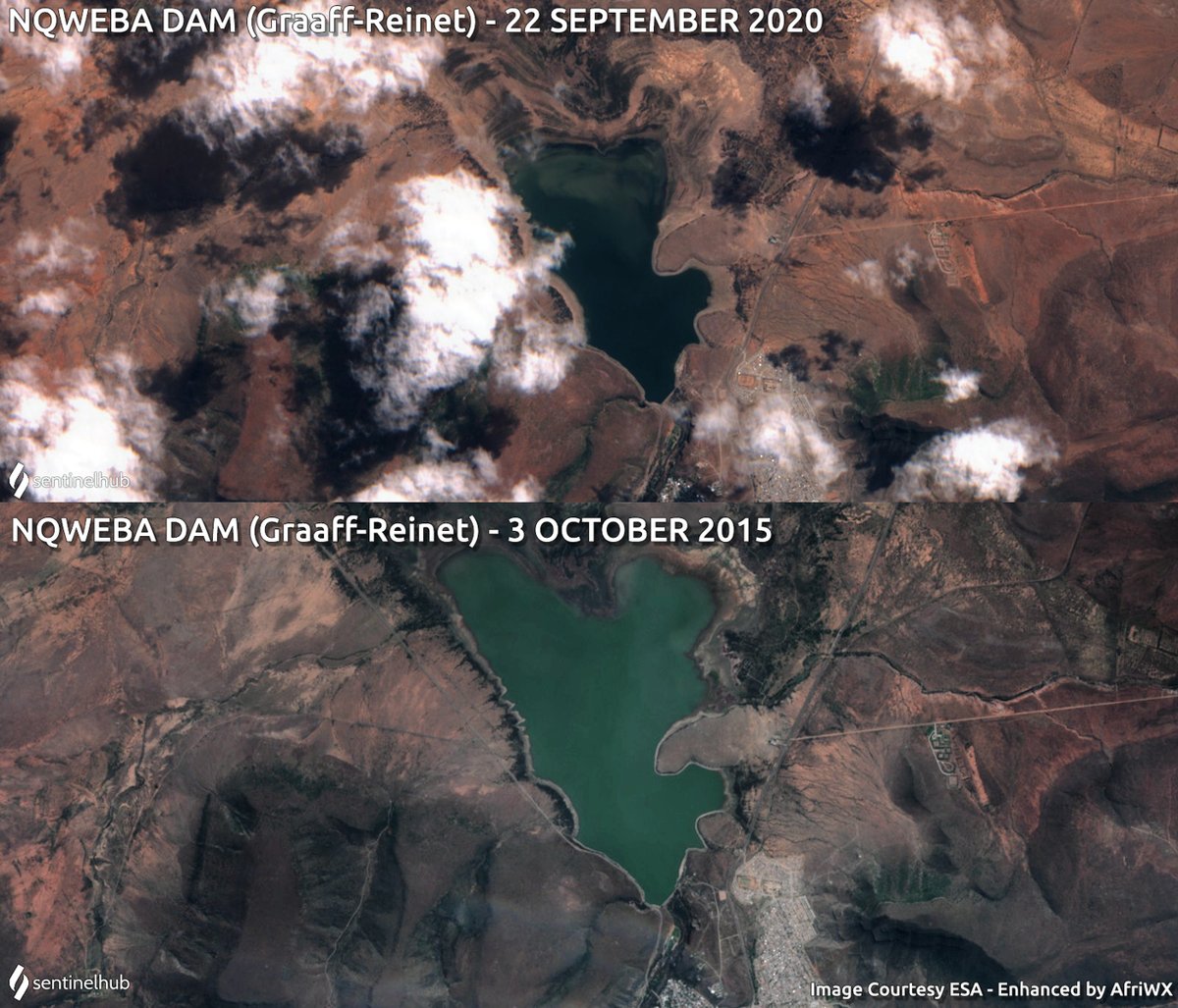 The Nqweba Dam in Graaff-Reinet at 17% capacity as of the last figures from DWS on 21 Sept 2020 and how it looked 5 years ago.

When you see things in this way you get a better understanding of the daily struggle for water.