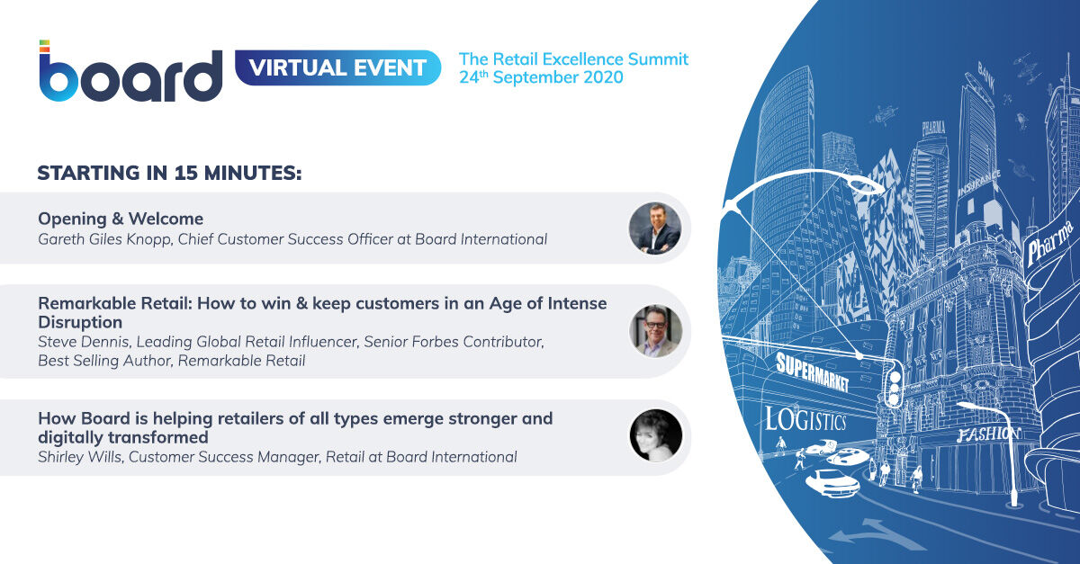 BoardSoftware's tweet photo. Just 15 minutes to go! We are excited to be going live with the #RetailExcellenceSummit soon. Our keynote speakers are waiting to share their knowledge with you on #retaildigitaltransformation. There’s still time to register for our virtual event: https://t.co/Ik9YZHlVch https://t.co/Fe2c7IWJ9M