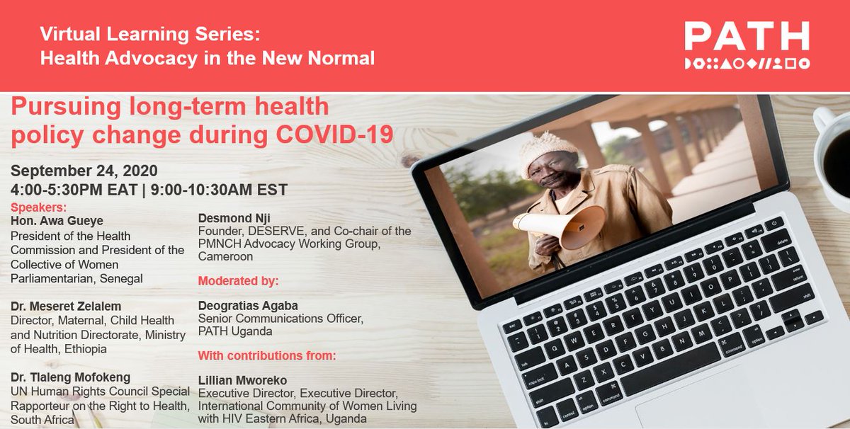 PATHadvocacy's tweet photo. 📢STARTING SOON
Learn from Senegalese MP Hon. Awa Gueye, @njidesmond, @lmworeko, and @agabadeo. As they discuss what it takes to pursue long-term policy change amidst the #COVID19 pandemic.
It's not too late to register: https://t.co/FxqWVL2PLK
#AdvocacyLearningLab https://t.co/K2lExPkCV2