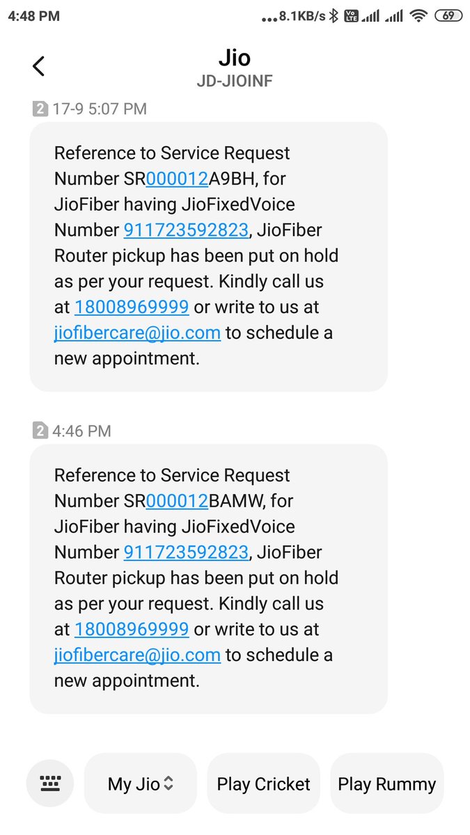 prinkamodi's tweet photo. @JioCare My concern to get router pickup done asap has not been addressed till now. Instead, I am getting such messages. https://t.co/0OY981npMX