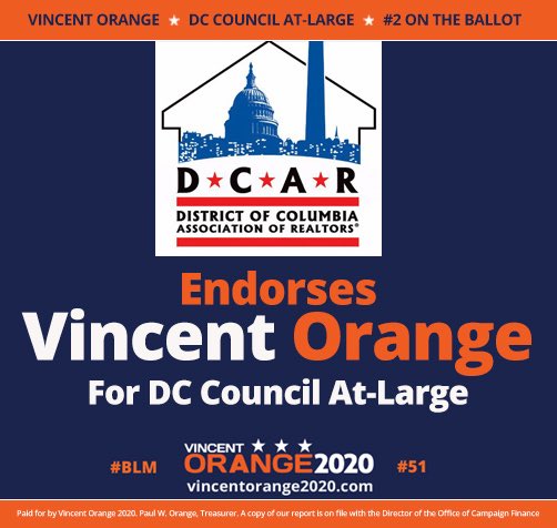 OrangeVo40's tweet image. DC Assoc of REALTORS has endorsed Vincent Orange for DC Council indicating that V🍊has shown a willingness to work with, and for, DC homeowners to bring back our economy, restore our health and ensure we have an inclusive climate for our proudly diverse city. V🍊#2 on the Ballot